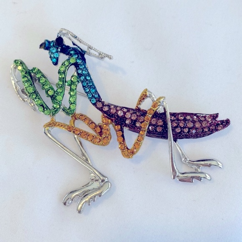 Large Whimsical Multicolor Rhinestone Praying Mantis Brooch